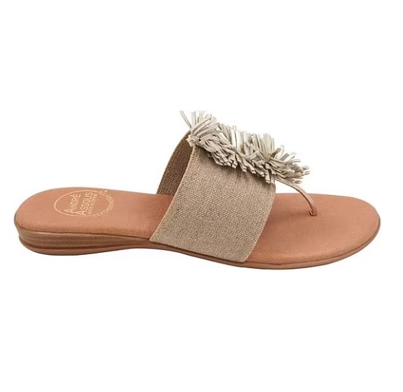 Andre Assous Novalee Beige Platino Woman's Sandal with Fringe Detail | Ooh Ooh Shoes woman's clothing and shoe boutique located in Naples