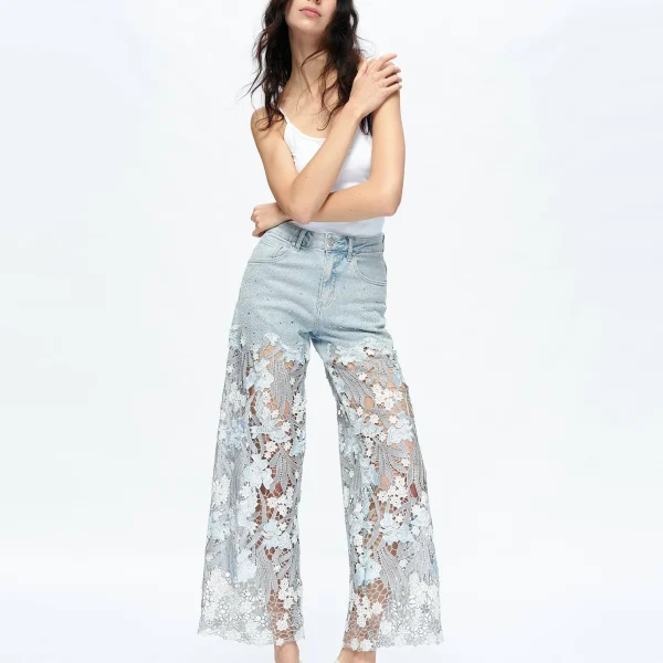 Bayeas BYW8090 Embroidery Wide Leg Lace Jeans With Rhinestone | Ooh Ooh shoes woman's clothing and shoe boutique Naples Florida
