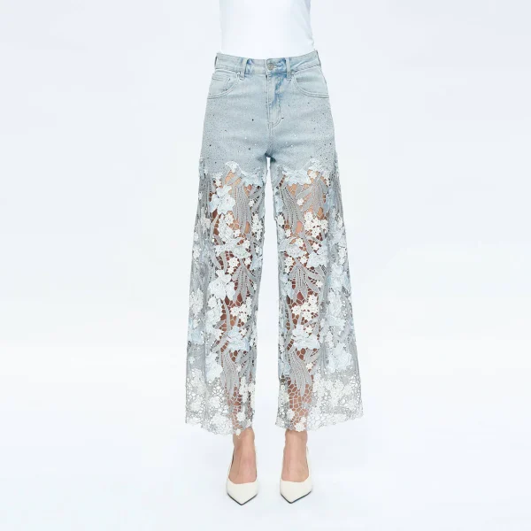 Bayeas BYW8090 Embroidery Wide Leg Lace Jeans With Rhinestone | Ooh Ooh shoes woman's clothing and shoe boutique Naples Florida