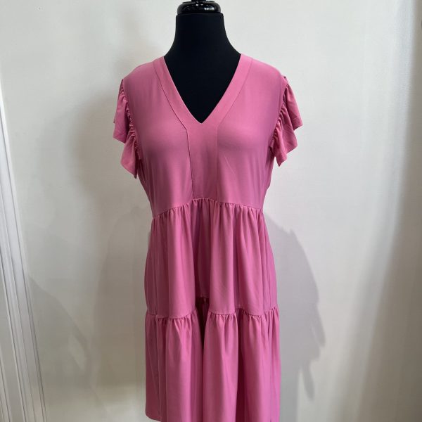 La Mer Luxe 17K-A103K Fuchsia Knit Ruffle Short Sleeve Brooke Dress | Ooh Ooh Shoes women's clothing and shoe boutique located in Naples