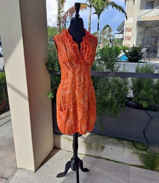 Look Mode 3131F Orange Linen Flower Print V Neck Triple Ruffle Top Dress | Ooh Ooh Shoes women's clothing and shoe boutique located in Naples and Mashpee