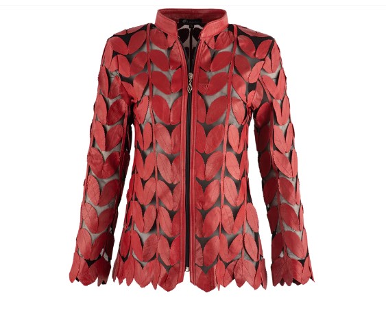 Belgin Francis Red Leaf Design and Mesh Leather Jacket | Ooh Ooh Shoes Women's clothing and shoe boutique located in Naples and Mashpee