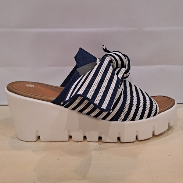 Bernie Mev Venti Freesia Navy Stripe Open Toe Bow Embellished Slip on Wedge | Ooh Ooh Shoes women's clothing and shoe boutique located in Naples