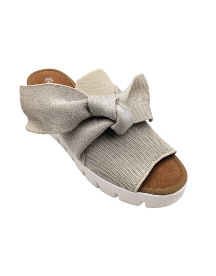 Bernie Mev Venti Freesia Nude Silver Open Toe Bow Embellished Slip on Wedge | Ooh Ooh Shoes women's clothing and shoe boutique located in Naples