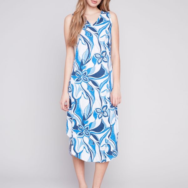 Charlie B C3125PX-251B Sky Printed Sleeveless V Neck Dress With Shirtail | Ooh Ooh Shoes women's clothing and shoe boutique located in Naples
