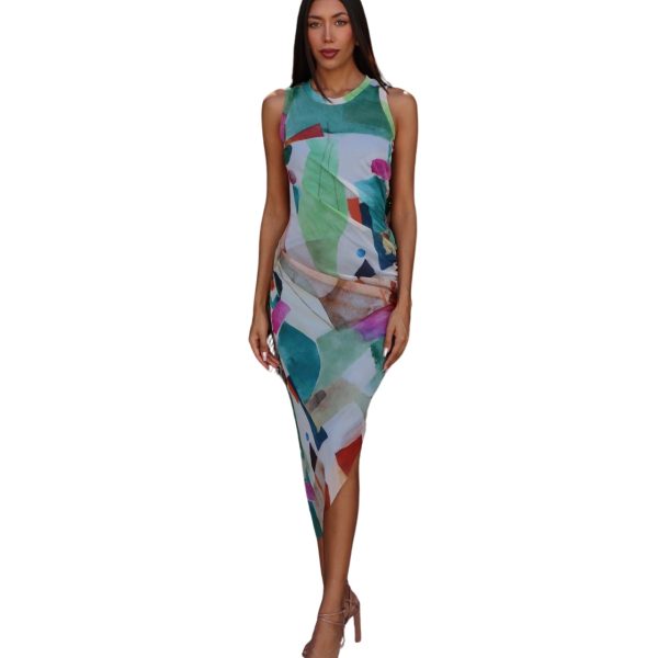Elana Kattan KAL-827 Kaleidoscope Print Side Ruched Asymmetric Hem Dress | Ooh Ooh Shoes women's clothing and shoe boutique located in Naples