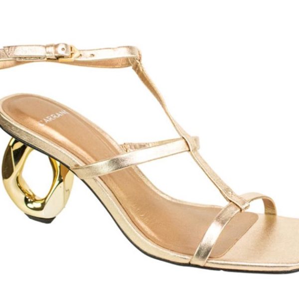 Carrano Aria Gold Leather Strappy Dress Sandal With Abstract Heel | Ooh Ooh Shoes women's clothing and shoe boutique located in Naples