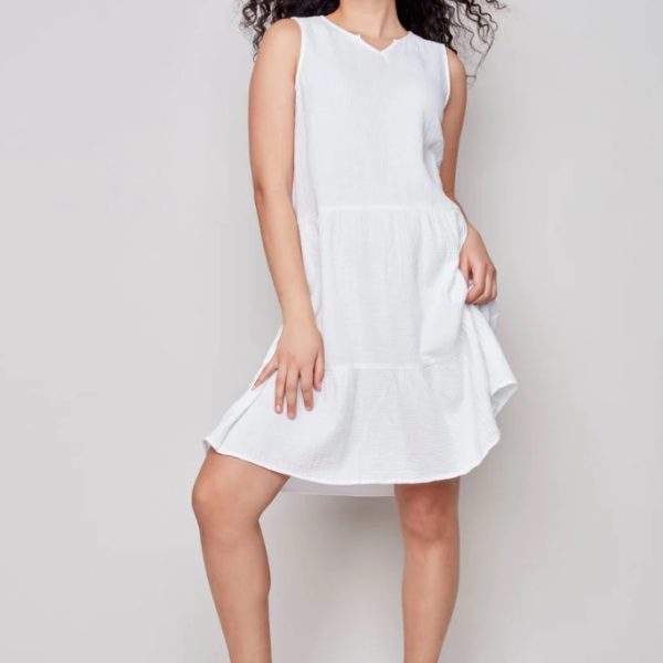 Charlie B C3132-050C White Sleeveless 100% Cotton Tiered Sundress | Ooh Ooh Shoes women's clothing and shoe boutique located in Naples and Mashpee