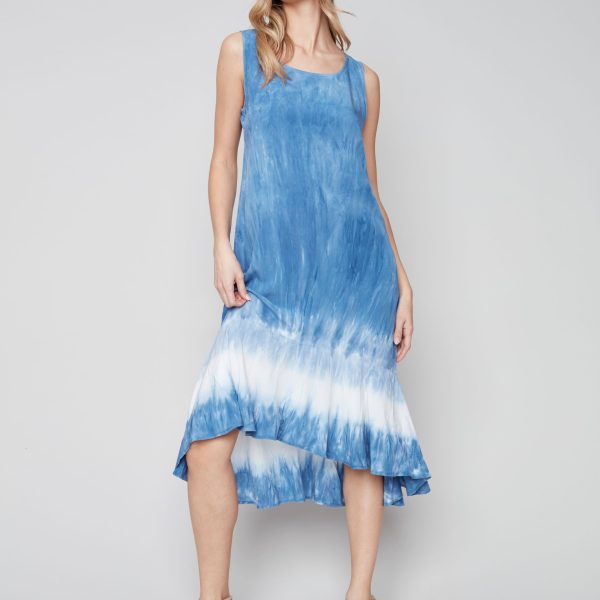 Charlie B C3152-530B Denim Tie Dye Sleeveless Round Neck High Low Rayon Dress | Ooh Ooh Shoes women's clothing and shoe boutique located in Naples and Mashpee