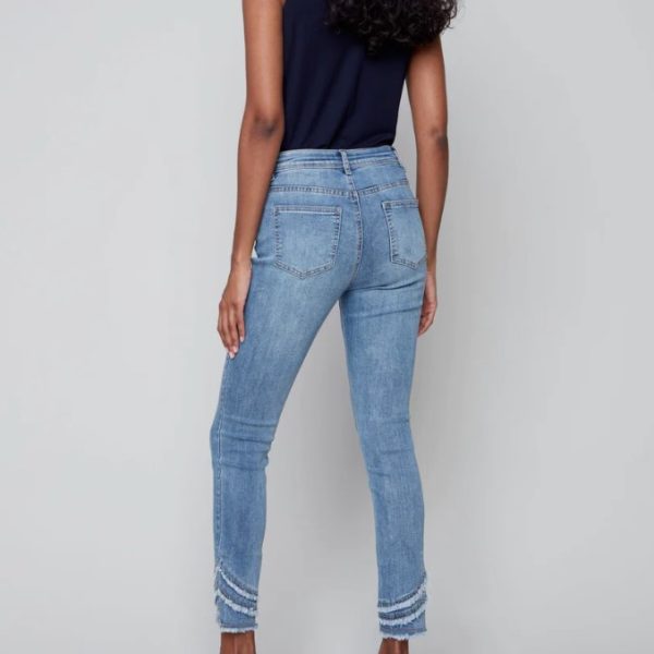 Charlie B C5273S-431A Medium Blue Slim Fit Frayed Hem Denim Ankle Jeans | Ooh Ooh Shoes women's clothing and shoe boutique located in Naples and Mashpee
