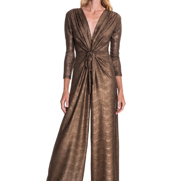 Julian Chang 5130 Gold Stretch Knit Keller Jumpsuit | Ooh Ooh Shoes women's clothing and shoe boutique located in Naples and Mashpee