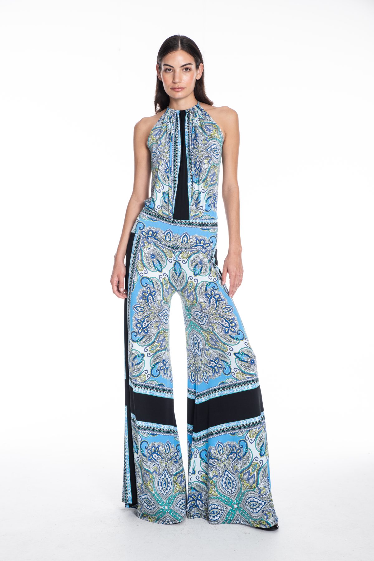 Julian Chang 1001 Blue Scarf Walter Halter Neck Jumpsuit | Ooh Ooh Shoes women's clothing and shoe boutique located in Naples and Mashpee