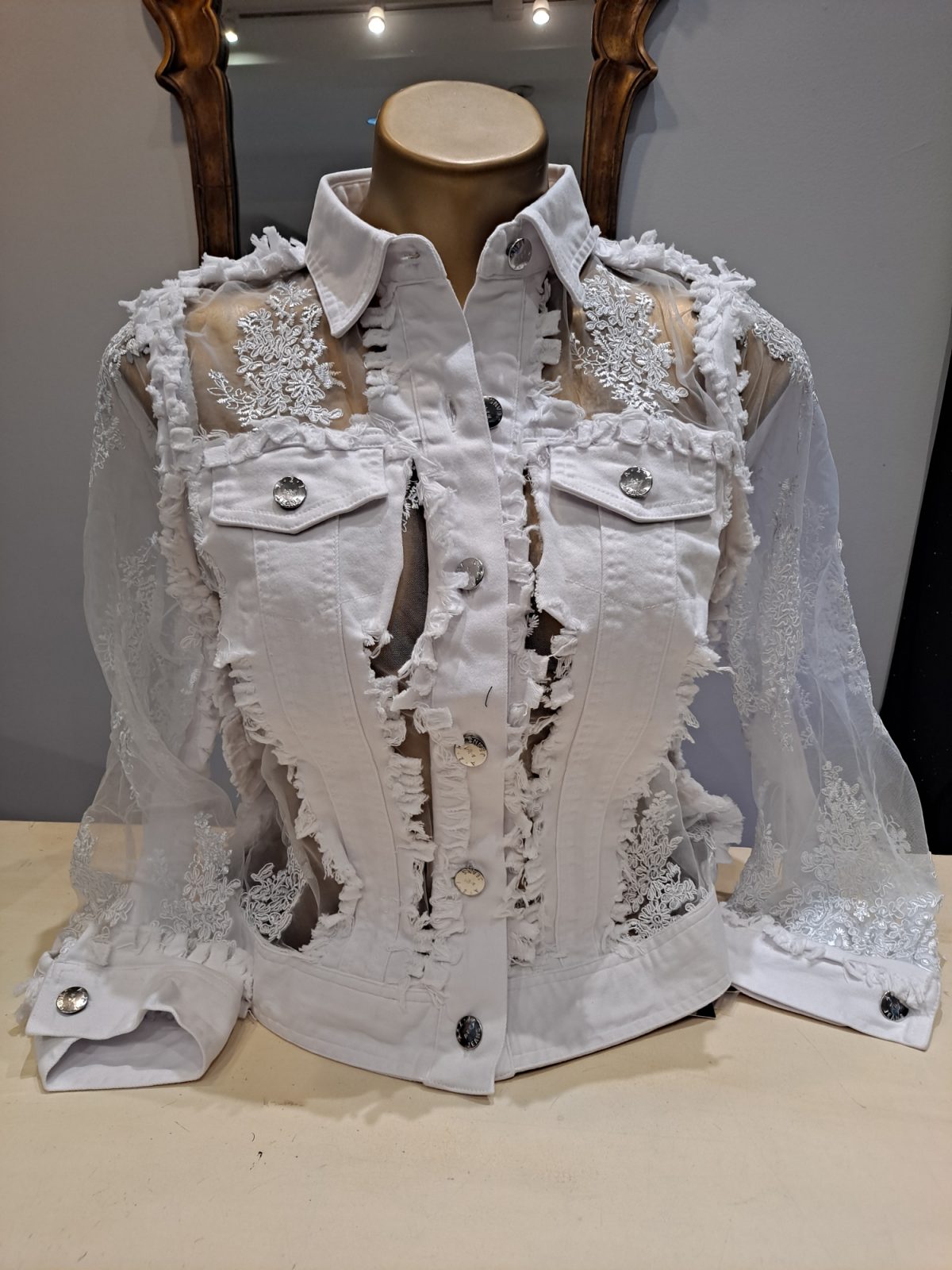 AZI Z11225 White Denim Floral Lace Short Jacket | Ooh Ooh Shoes women's clothing and shoe boutique located in Naples and Mashpee