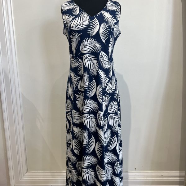 La Mer Luxe 138K-A61K Navy Palm Sleeveless V Neckline Cora Midi Dress | Ooh Ooh Shoes women's clothing and shoe boutique located in Naples