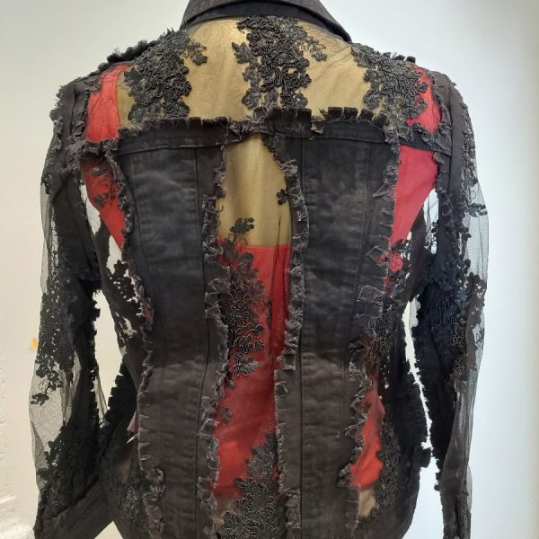 AZI Z11225 Black Denim/Lace Short Jacket | Ooh Ooh Shoes women's clothing and shoe boutique located in Naples and Mashpee