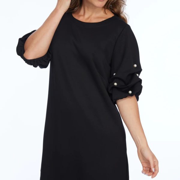 Lior Daffodil Black Short Puffy Sleeve Dress With Pearls | Ooh Ooh Shoes women's clothing and shoe boutique located in Naples