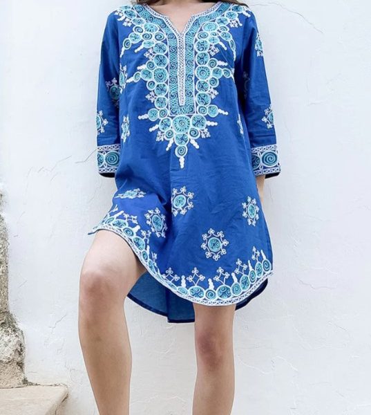Debbie Katz Emilia Blue 100% Cotton Short Tunic/Dress | Ooh Ooh Shoes women's clothing and shoes boutique located in Naples