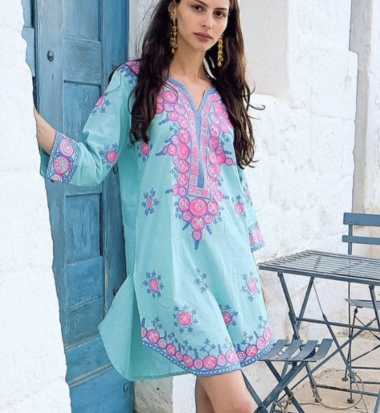 Debbie Katz Emilia Turquoise 100% Cotton Short Tunic/Dress | Ooh Ooh Shoes women's clothing and shoes boutique located in Naples
