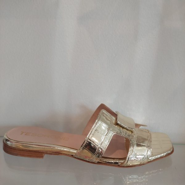 Tesorone Holly N Gold Croco Flat Leather Sandal | Ooh Ooh Shoes women's clothing and shoe boutique located in Naples and Mashpee