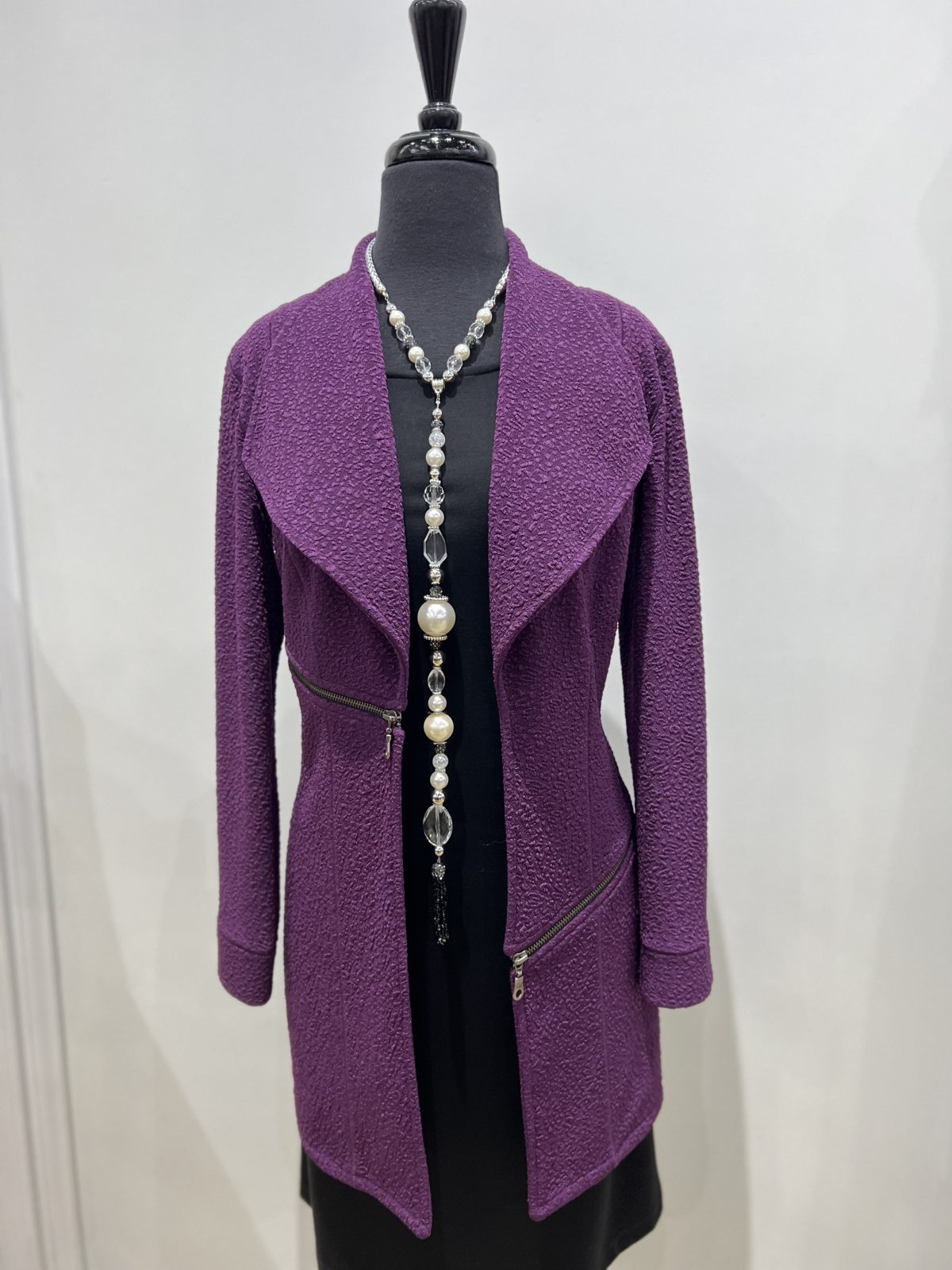 Eva Varro J12901 Deep Purple Long Barcelona Jacket with Zipper Detail | Ooh Ooh Shoes women's clothing and shoe boutique located in Naples