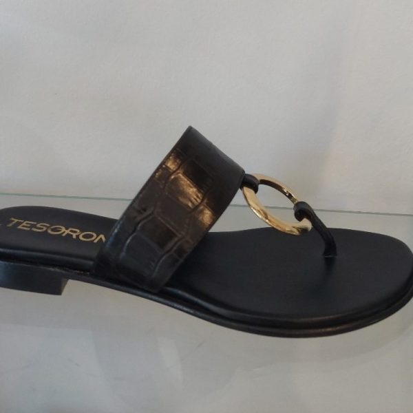 Tesorone Capr100 Croc Black Leather Flat Gold Ring Thong Sandal | Ooh Ooh Shoes womens clothing and shoe boutique located in Naples