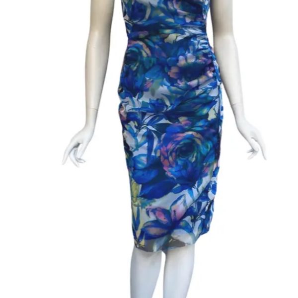 Elana Kattan CAM-824 Camille Print Strapless Ruched Bodice Sheath Dress | Ooh Ooh Shoes women's clothing and shoe boutique located in Naples