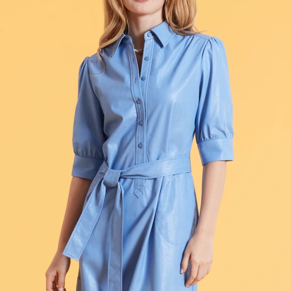 Tyler Boe 72115A Ziva James Blue Vegan Leather Tie Waist Shirtdress | Ooh Ooh Shoes women's clothing and shoe boutique located in Naples
