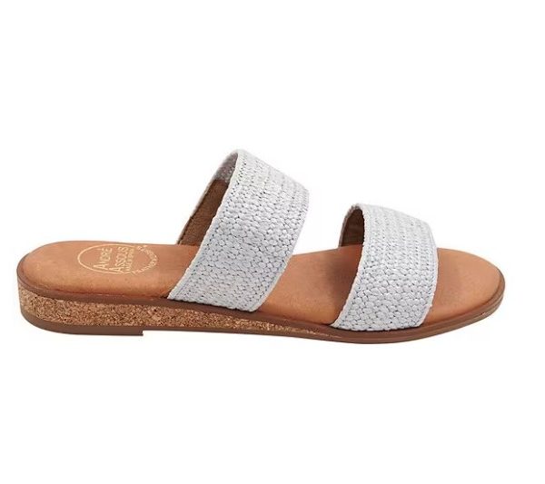 Andre Assous Galia Silver Raffia Two Banded Slide Sandal | Ooh Ooh Shoes women's clothing and shoe boutique located in Naples