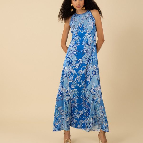 Hale Bob 52PC662A Florence Halter Maxi Dress in Navy Print | Ooh Ooh Shoes woman's clothing and shoe boutique located in Naples Florida
