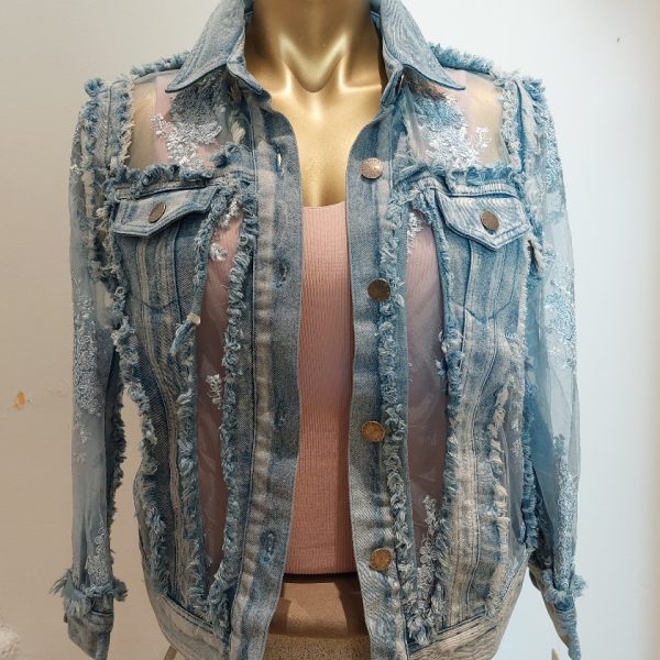 AZI Z11225 Blue Denim/Lace Short Jacket | Ooh Ooh Shoes women's clothing and shoe boutique located in Naples and Mashpee