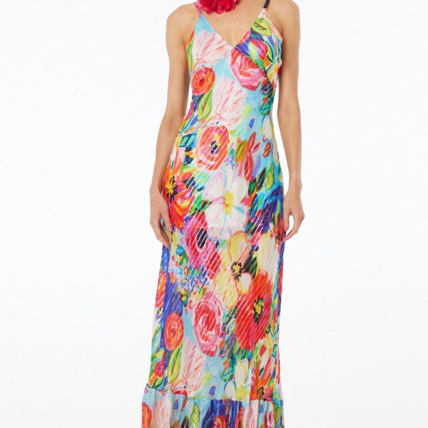 Qishma HY-W103 Bernadette Blue Floral Print Sleeveless Maxi Dress | Ooh Ooh Shoes women's clothing and shoes boutique located in Naples