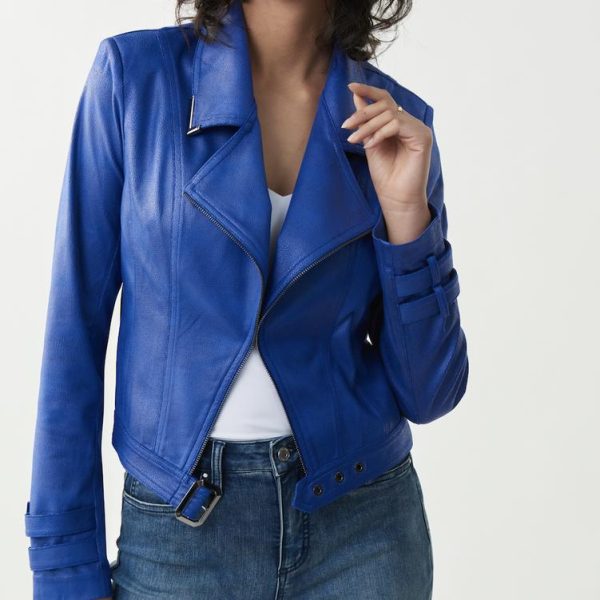 Joseph Ribkoff 221913 Royal Sapphire Faux Leather Motto Jacket | Ooh Ooh Shoes women's clothing and shoe boutique located in Naples