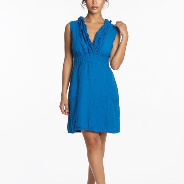 Look Mode 3131 Cobalt Blue Linen V Neck Triple Ruffle Top Dress | Ooh Ooh Shoes women's clothing and shoe boutique located in Naples FL