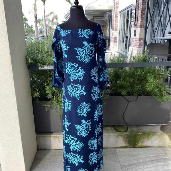La Mer Luxe 652-A17 Navy/Aqua Barrier Reef 3/4 Sleeve Ashby Maxi Dress | Ooh Ooh Shoes women's clothing and shoe boutique located in Naples and Mashpee