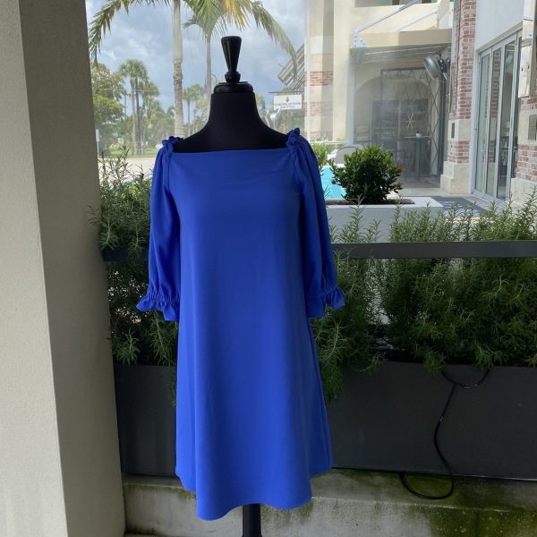 Joseph Ribkoff 232193 Royal Blue Off Shoulder Puffy Sleeve Dress | Ooh Ooh Shoes women's clothing and shoe boutique located in Naples and Mashpee