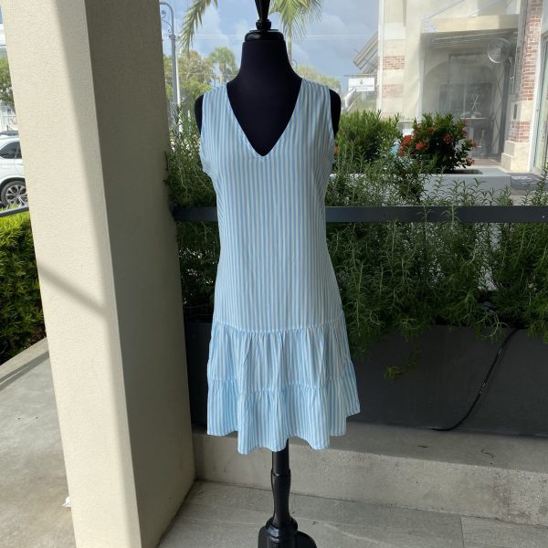 La Mer Luxe 128-M12 Baby Blue/White Striped Sleeveless V Neckline Margo Dress | Ooh Ooh Shoes women's clothing and shoe boutique located in Naples