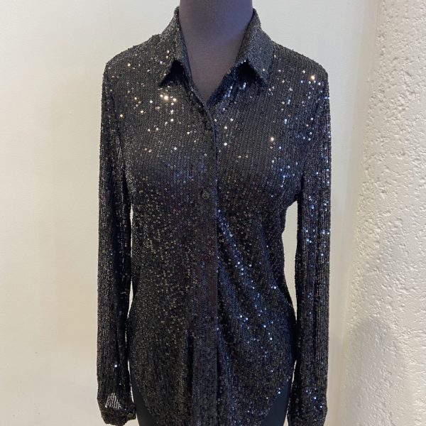 AZI Z12628 Black Long Sleeve Sequin Tiger Blouse | Ooh Ooh Shoes women's clothing and shoe boutique located in Naples
