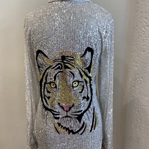 AZI Z12628 Silver Long Sleeve Sequin Tiger Blouse | Ooh Ooh Shoes women's clothing and shoe boutique located in Naples