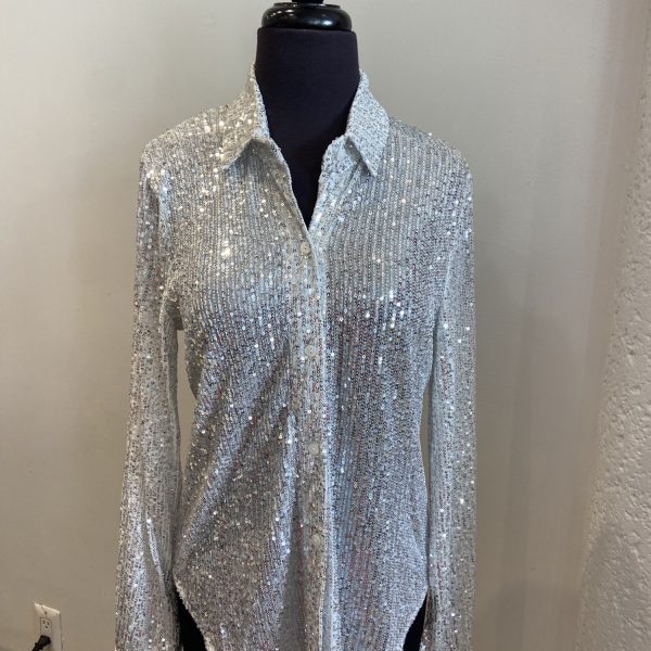 AZI Z12628 Silver Long Sleeve Sequin Tiger Blouse | Ooh Ooh Shoes women's clothing and shoe boutique located in Naples