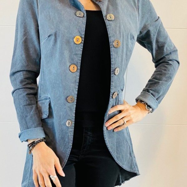 Suzy D 165109 Winter Denim Military Style Jacket | Ooh Ooh Shoes woman's clothing and shoe boutique located in Naples and Mashpee