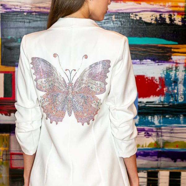 Moving Forward Designs BND2269 Butterfly And Waterfall Pockets Ruched Sleeves White Blazer | Ooh Ooh Shoes women's and shoe boutique located in Naples