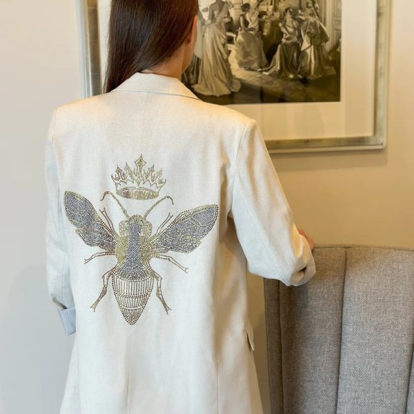Moving Forward Designs BND2266 Gold Queen Bee Linen Natural Blazer | Ooh Ooh Shoes women's clothing and shoe boutique located in Naples