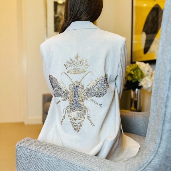 Moving Forward Designs BND2266 Gold Queen Bee Linen Natural Blazer | Ooh Ooh Shoes women's clothing and shoe boutique located in Naples