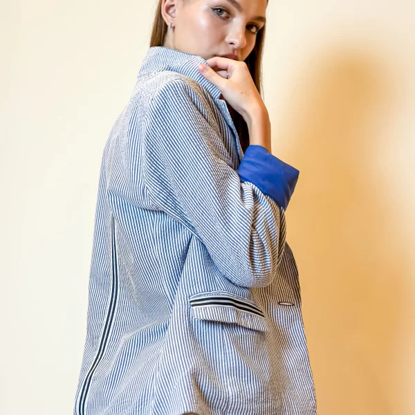 Moving Forward Designs Blazer Seersucker Blue with Ribbon Stripe| Ooh Ooh Shoes woman's clothing and shoe boutique located in Naples Florida
