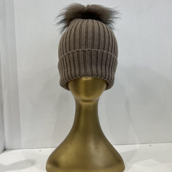 Jayley FFDT18A Chocolate Wool Blend Knit with Fox Fur Pom Hat | Ooh Ooh Shoes women's clothing and shoe boutique located in Naples and Mashpee