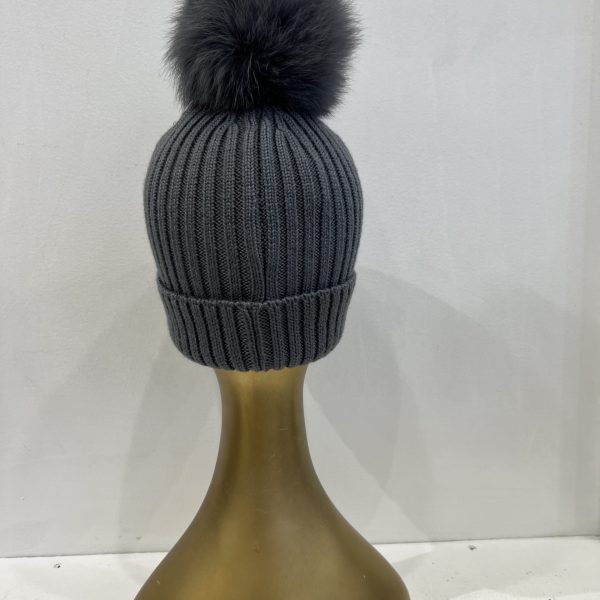 Jayley FFDT18A Charcoal Grey Wool Blend Knit with Fox Fur Pom Hat | Ooh Ooh Shoes women's clothing and shoe boutique located in Naples and Mashpee