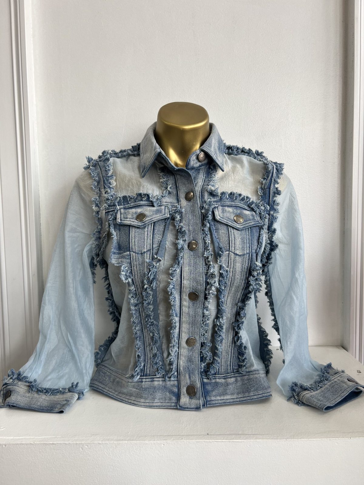 AZI Z12330 Sheera Denim Long Sleeve Sheer and Ruffle Accents Jacket | Ooh Ooh Shoes women's clothing and shoe boutique located in Naples and Mashpee