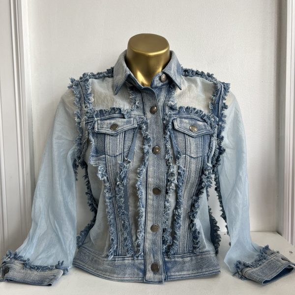AZI Z12330 Sheera Denim Long Sleeve Sheer and Ruffle Accents Jacket | Ooh Ooh Shoes women's clothing and shoe boutique located in Naples and Mashpee