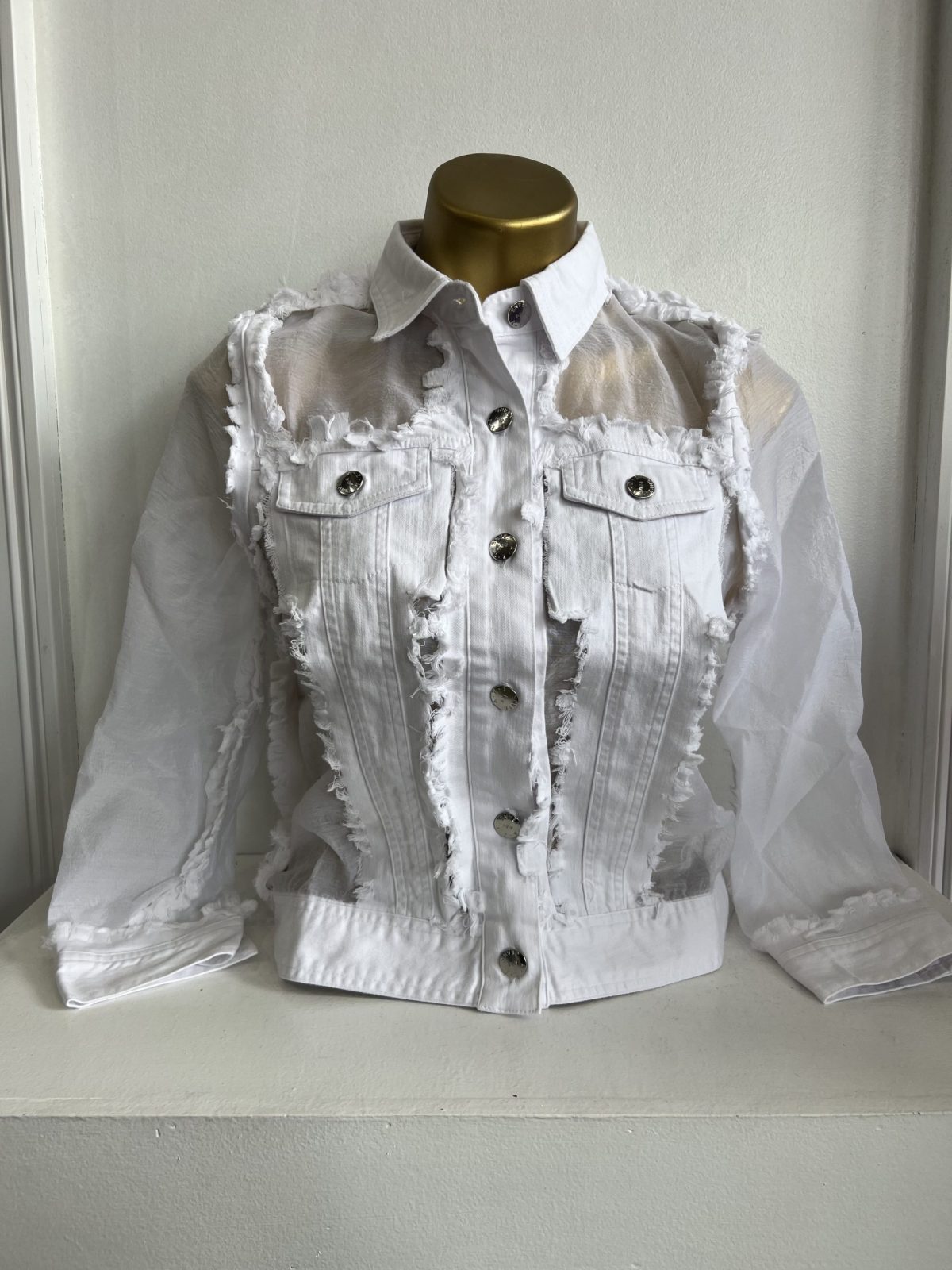 AZI Z12330 Sheera White Long Sleeve Sheer and Ruffle Accents Jacket | Ooh Ooh Shoes women's clothing and shoe boutique located in Naples and Mashpee