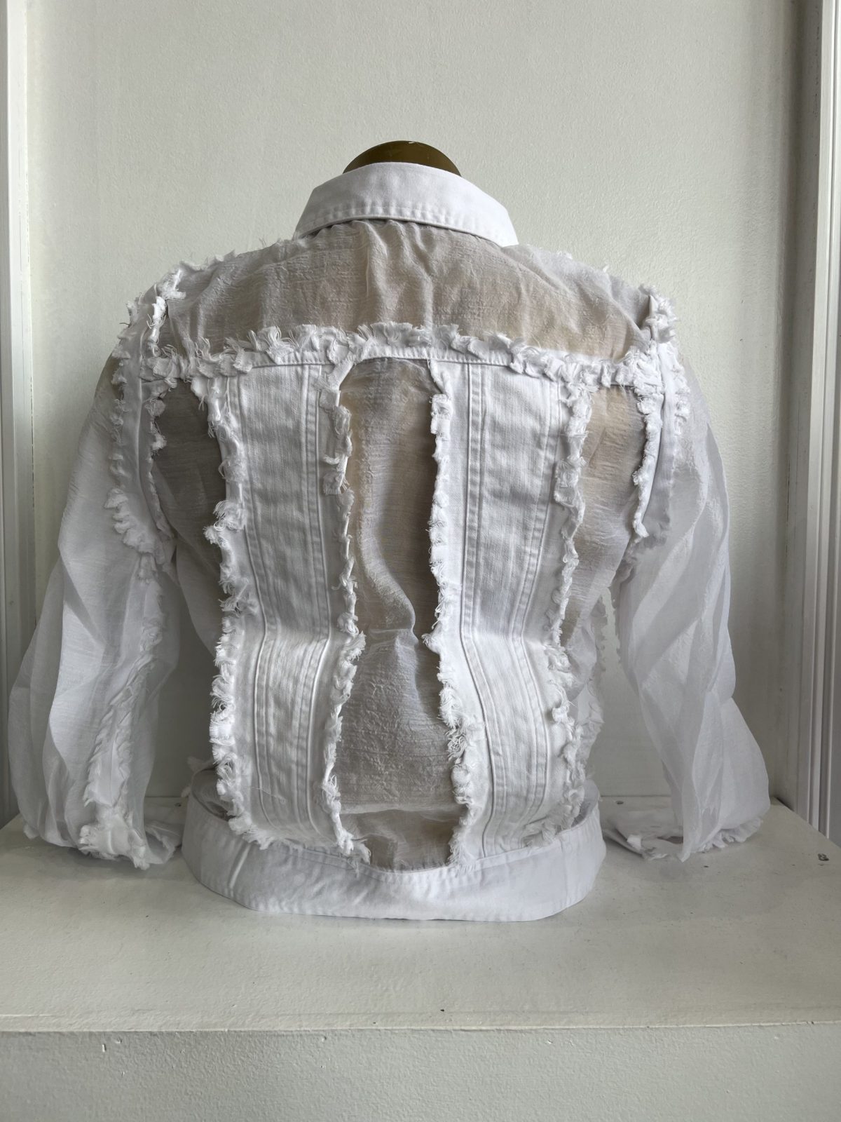 AZI Z12330 Sheera White Long Sleeve Sheer and Ruffle Accents Jacket | Ooh Ooh Shoes women's clothing and shoe boutique located in Naples and Mashpee